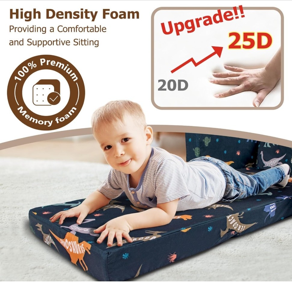 Dinosaur Blue Flip Out Chair To Lounger Couch Sofa For Kids Boys Toddlers 1-3
