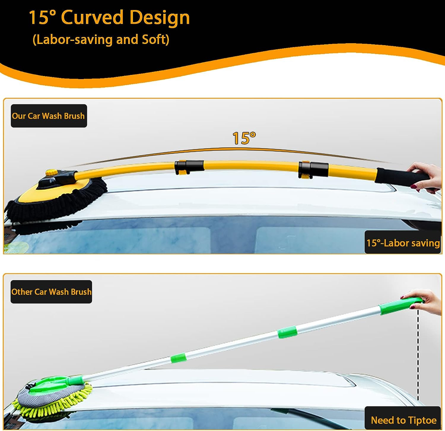 15° Curved Car Cleaning Brush with Telescopic Handle 43" Aluminum Alloy Long Rod