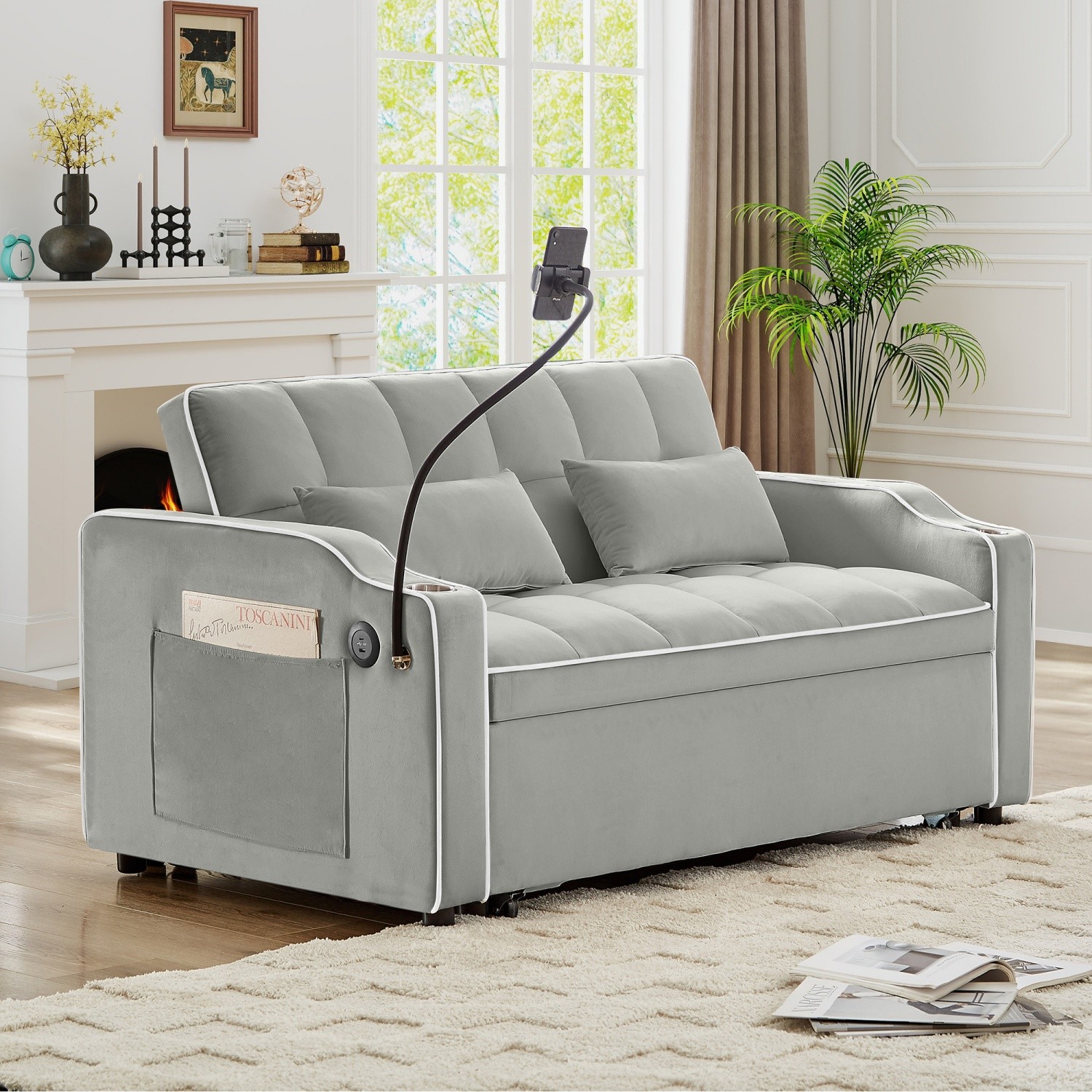 Convertible Velvet Sleeper Sofa Bed Loveseat Sofa w/ Pull-Out Bed & USB Ports