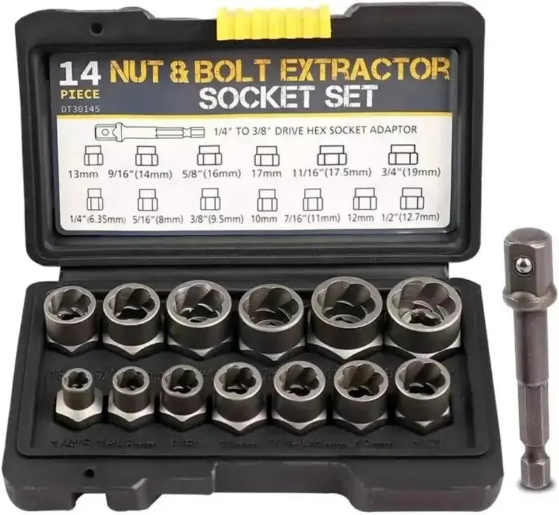 Impact Nut & Bolt Remover Set 3/8" Bolt Extractor Tool Socket Kit With Case 14pc