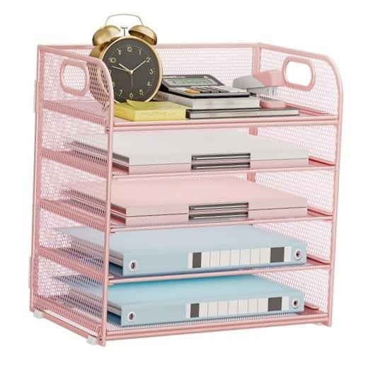 5-Tier Stackable Paper Organizer with Handle Metal 12.6" x 9.1" x 13.4" Pink