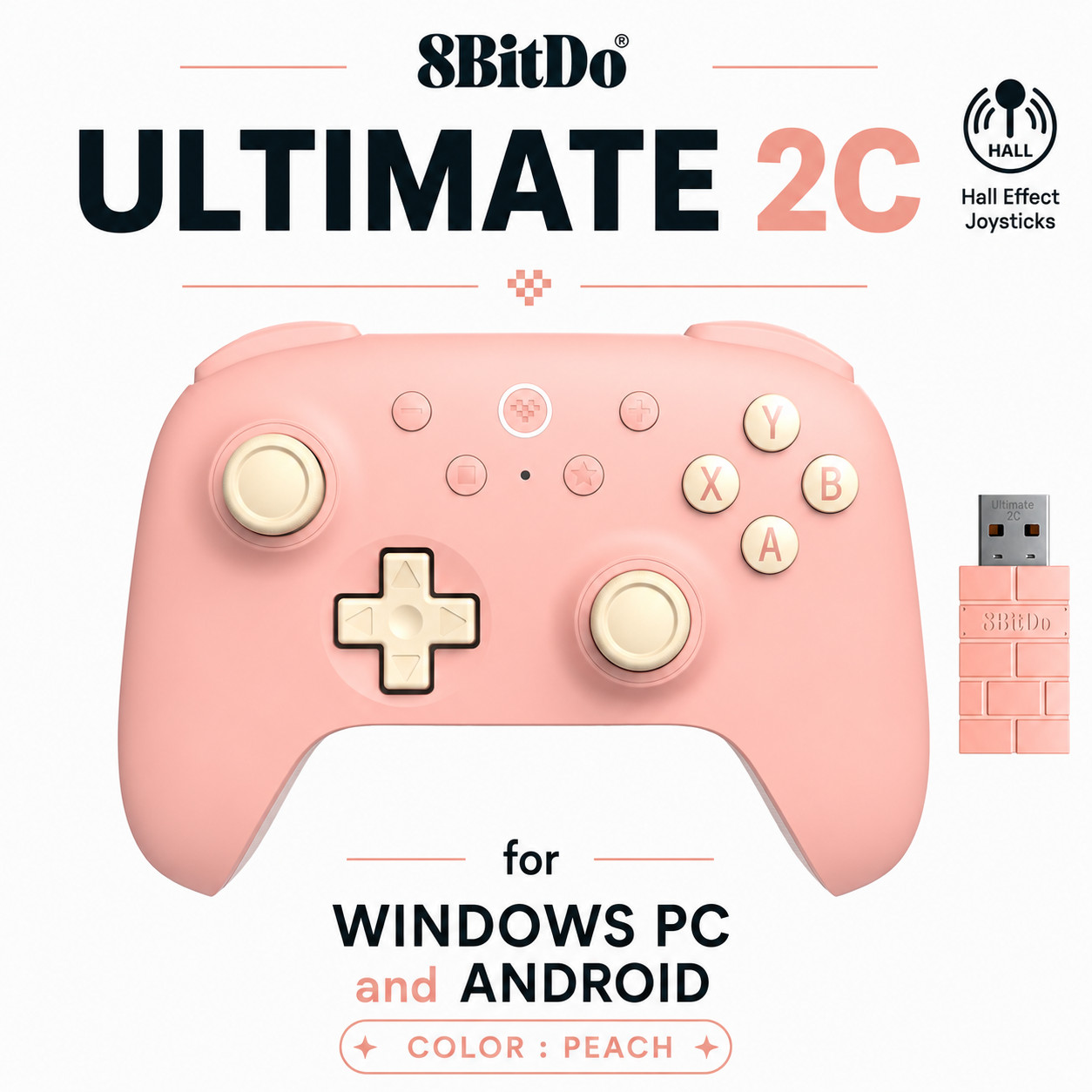 8BitDo Ultimate 2C Wireless 2.4G Hall Effect Gamepad Windows, Android, Peach