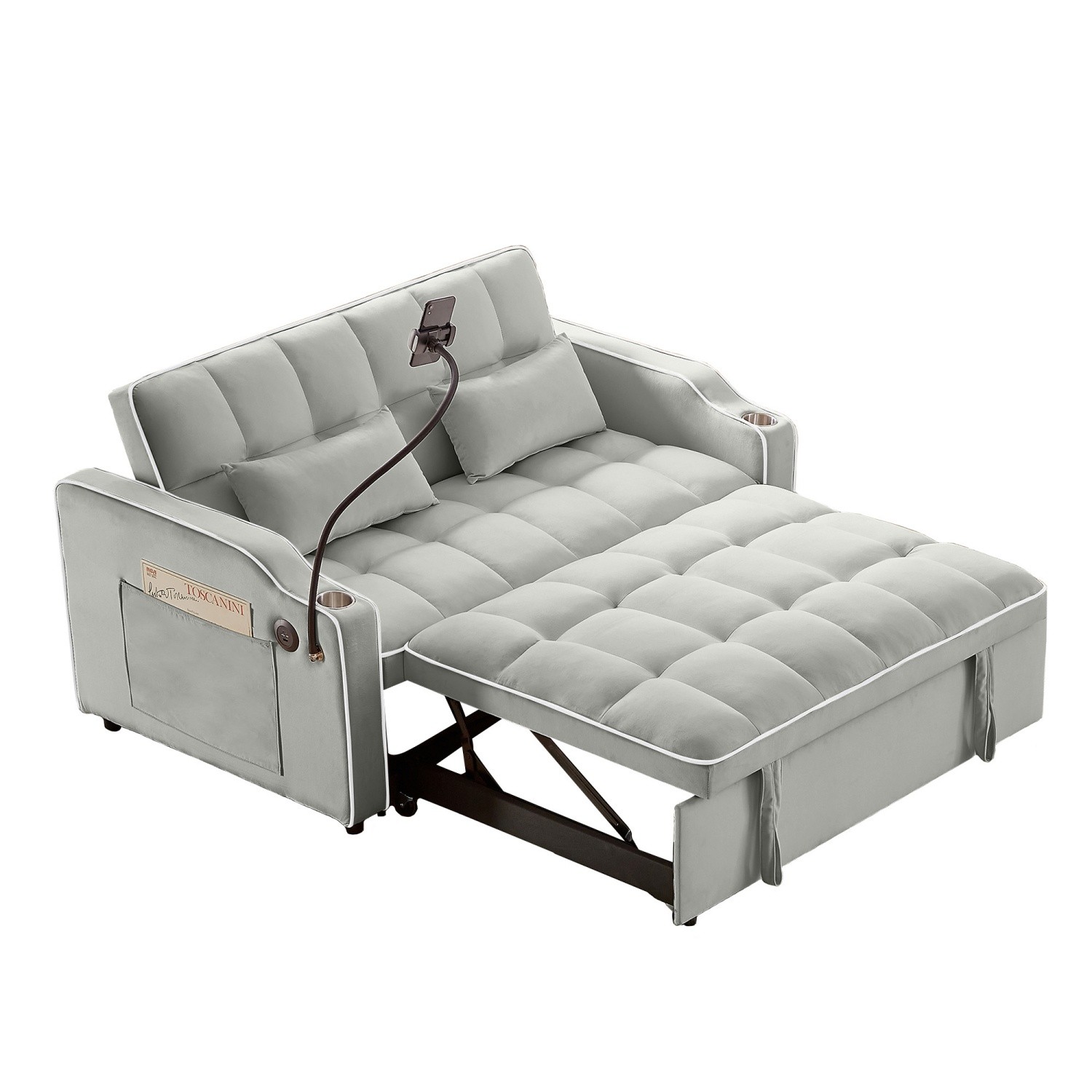 Convertible Velvet Sleeper Sofa Bed Loveseat Sofa w/ Pull-Out Bed & USB Ports