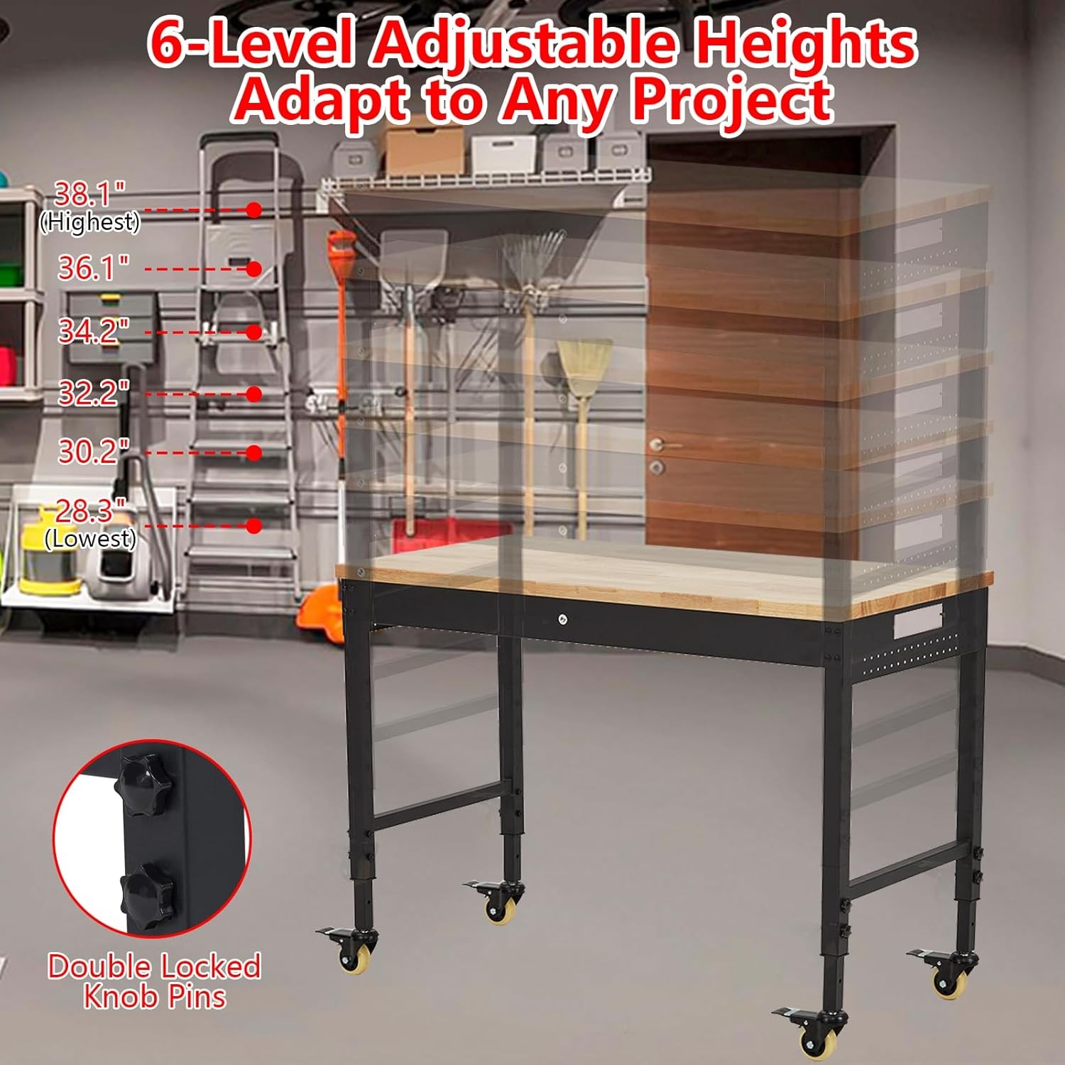 48" x 24" Height Adjustable Workbench w/ Wheels & Leveling Foot & Power Outlets