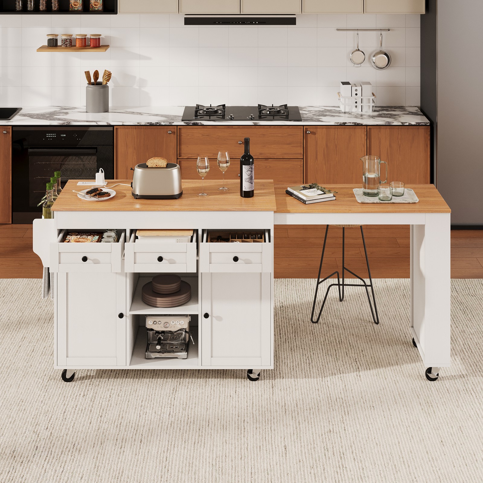 White Kitchen Island with Extendable Dining Table, 3 Drawers, 2 Doors, 85.5"