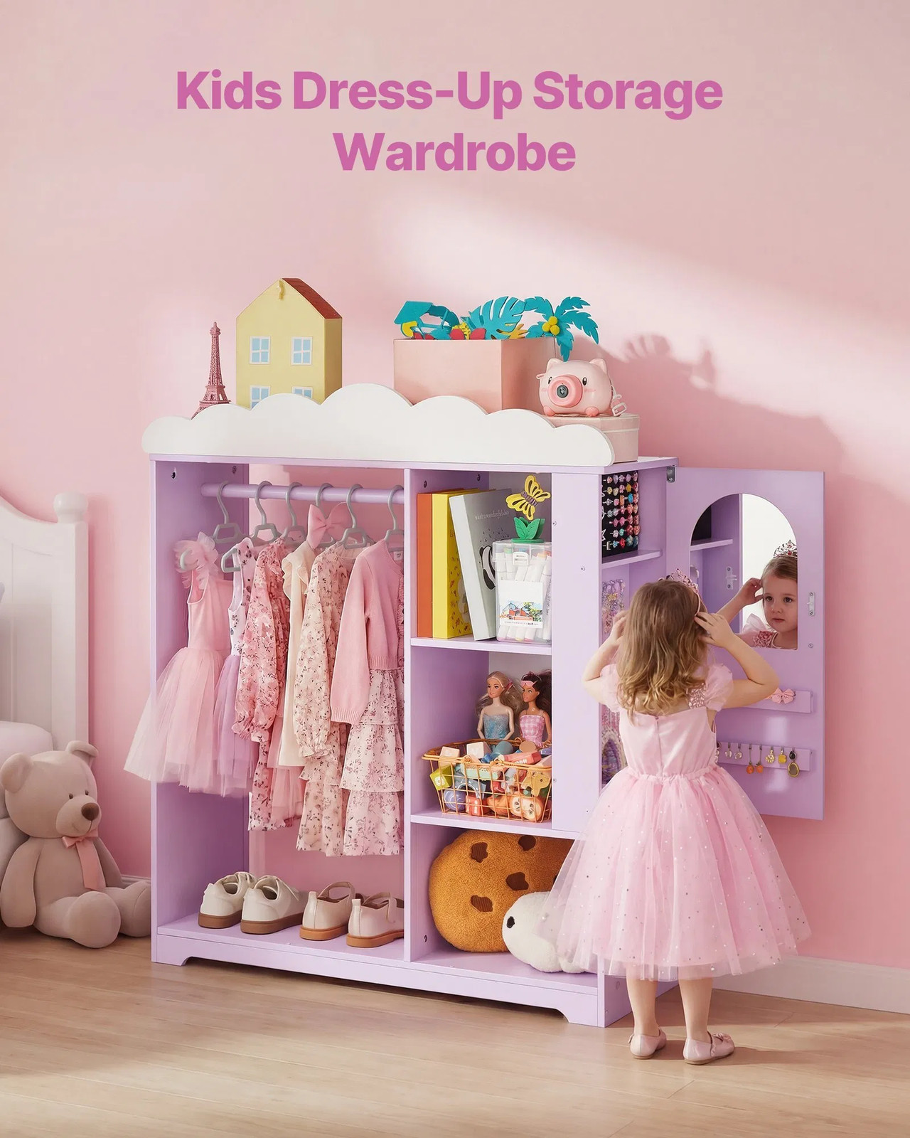Kids Dress Up Storage, with Jewelry Cabinet, Dress Up Closet with Mirror and She