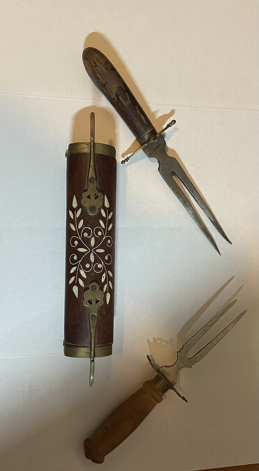 Vintage Fork Carving Set In Wood and Brass Trimmed Case