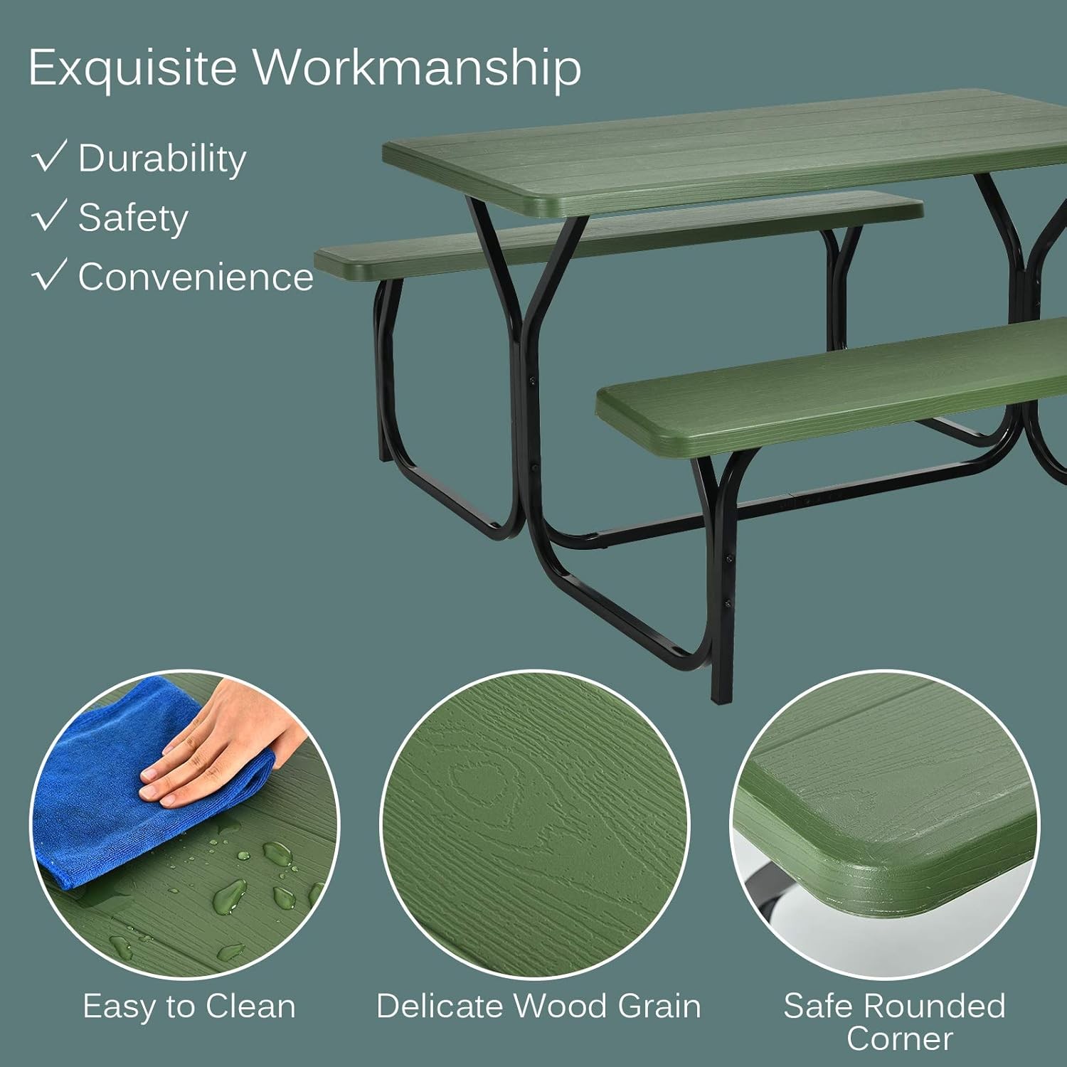 Picnic Tables, Rectangular Picnic Table with Steel Frame, 2 Benches Set, HDPE