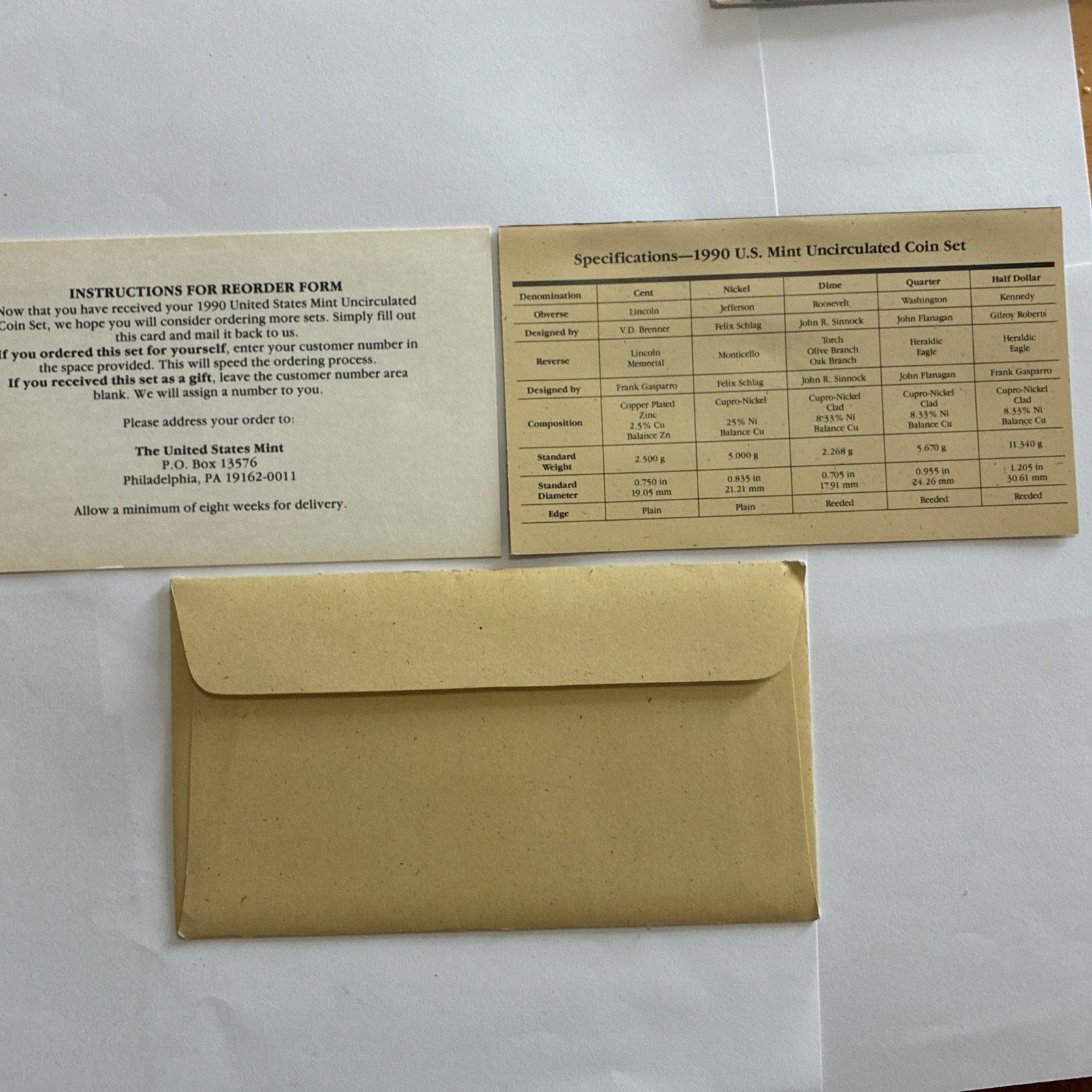 1990 US Mint Uncirculated Set ENVELOPE - REPLACEMENT ENVELOPE - NO COINS