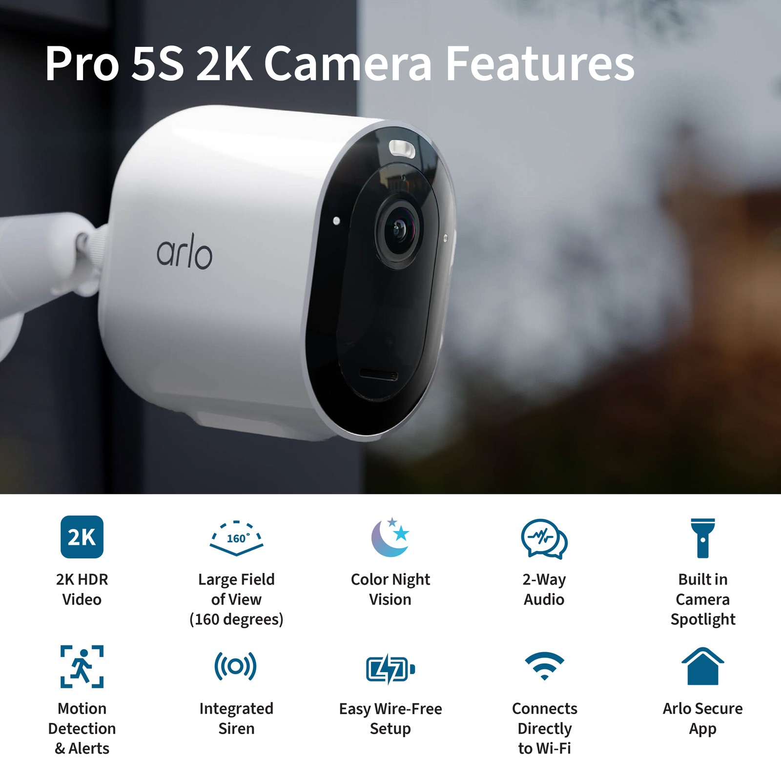 Arlo Pro 5S VMC4260P Camera, 2-Pack, White - Certified Refurbished