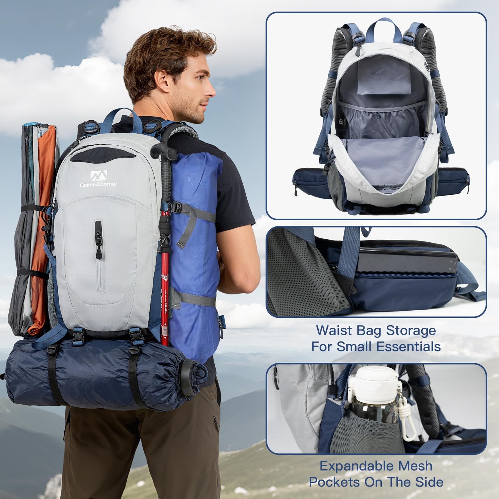 Hiking Backpack, 40L Waterproof Camping Backpack with Packable Back Panel & R...