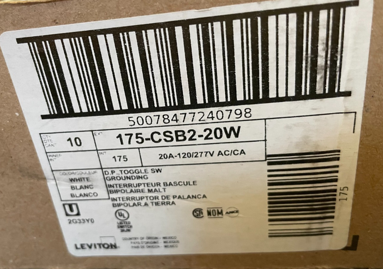 10 PACK Leviton CSB2-20W Commercial 20A 120/277V Single-Pole Toggle Switch White