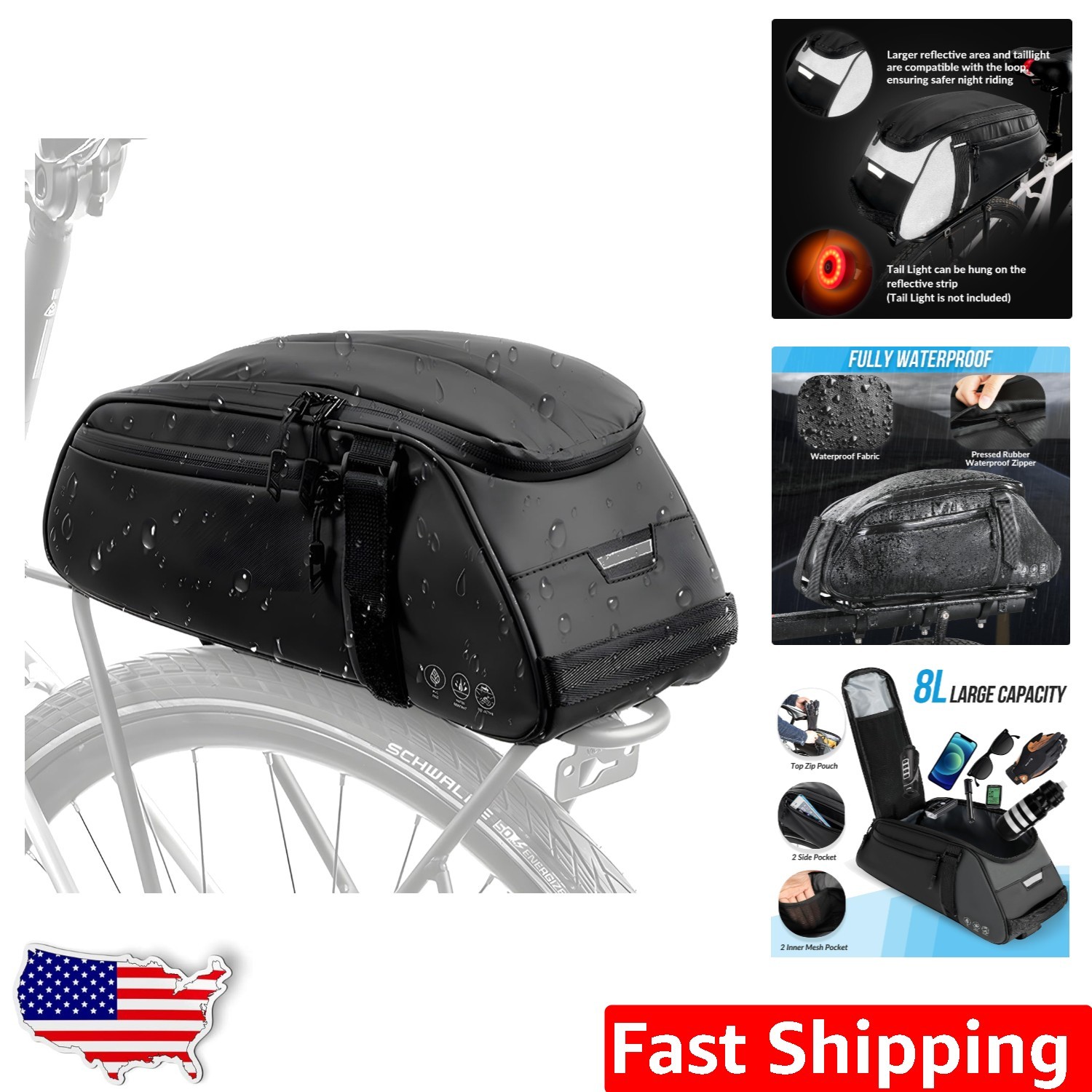 Durable 8L Bike Trunk Bag, Reflective Saddle Pannier, 15" Oxford Black Storage