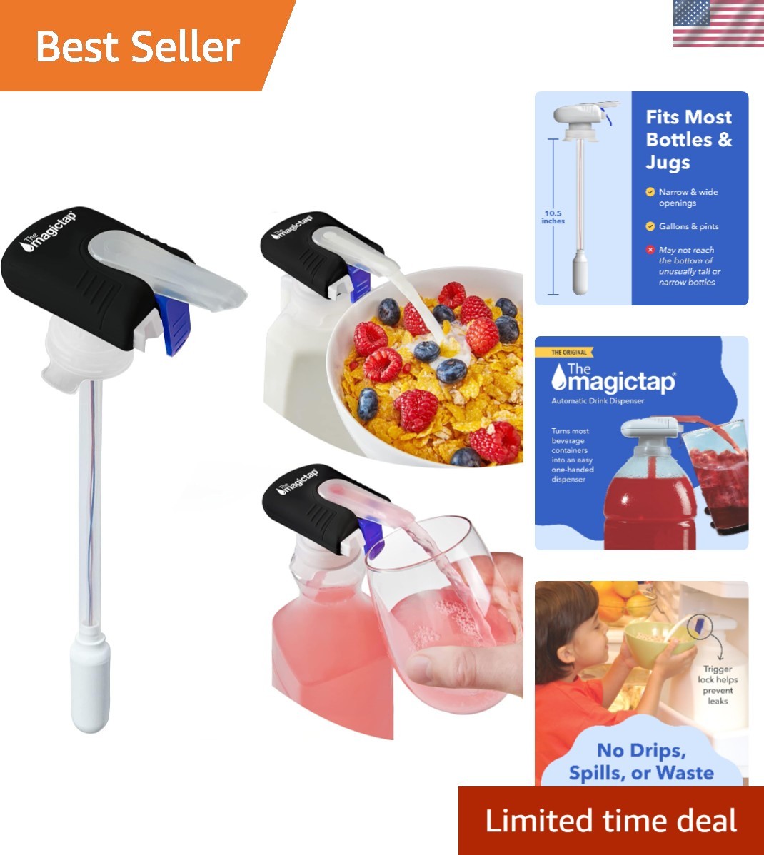 Magic Tap Automatic Drink Dispenser for Fridge, Black 1 Pack, No Spill Milk D...