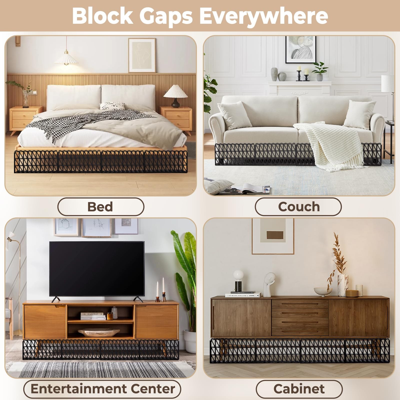 12 Pack Under Bed Blockers for Pets – Easy to Install Black Plastic Under Cou...