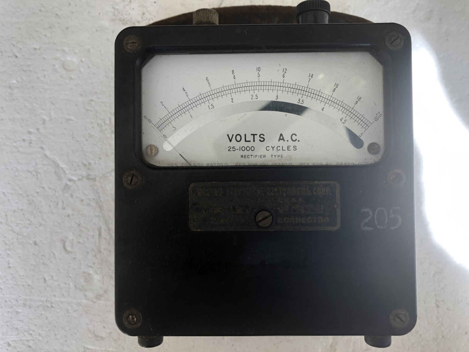 Analog Weston Electrical Instrument, AC Volt Meter, 5/10/20 Vac, 25-1000 Hz