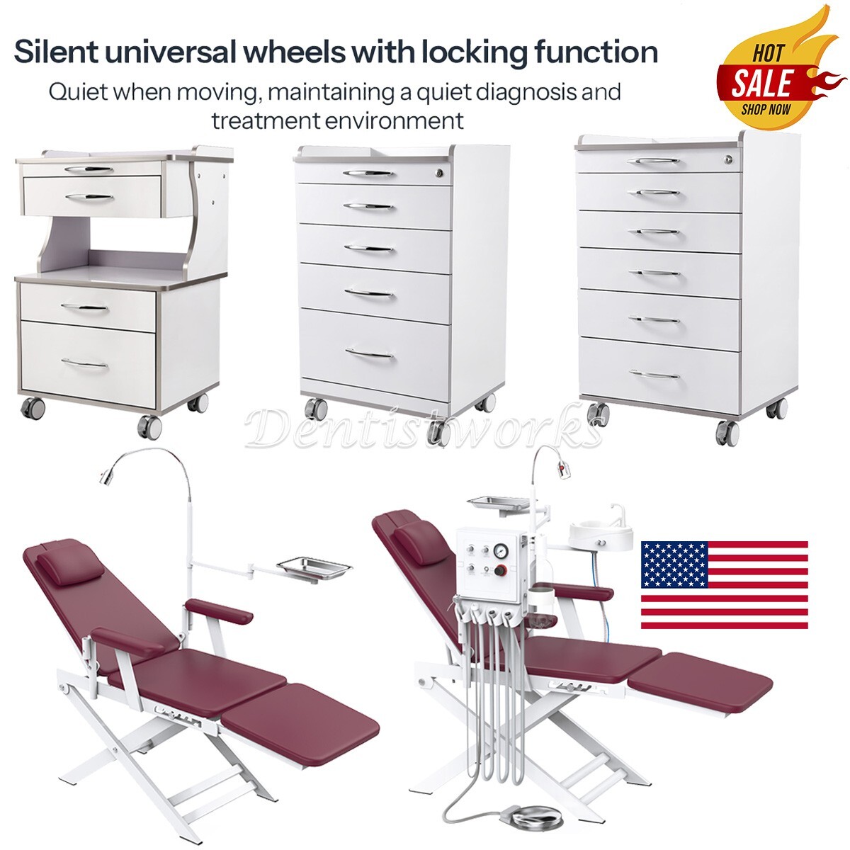 Dental Mobile Storage Cabinet Rolling Cart Trolley/Dental Chair+Turbine Unit