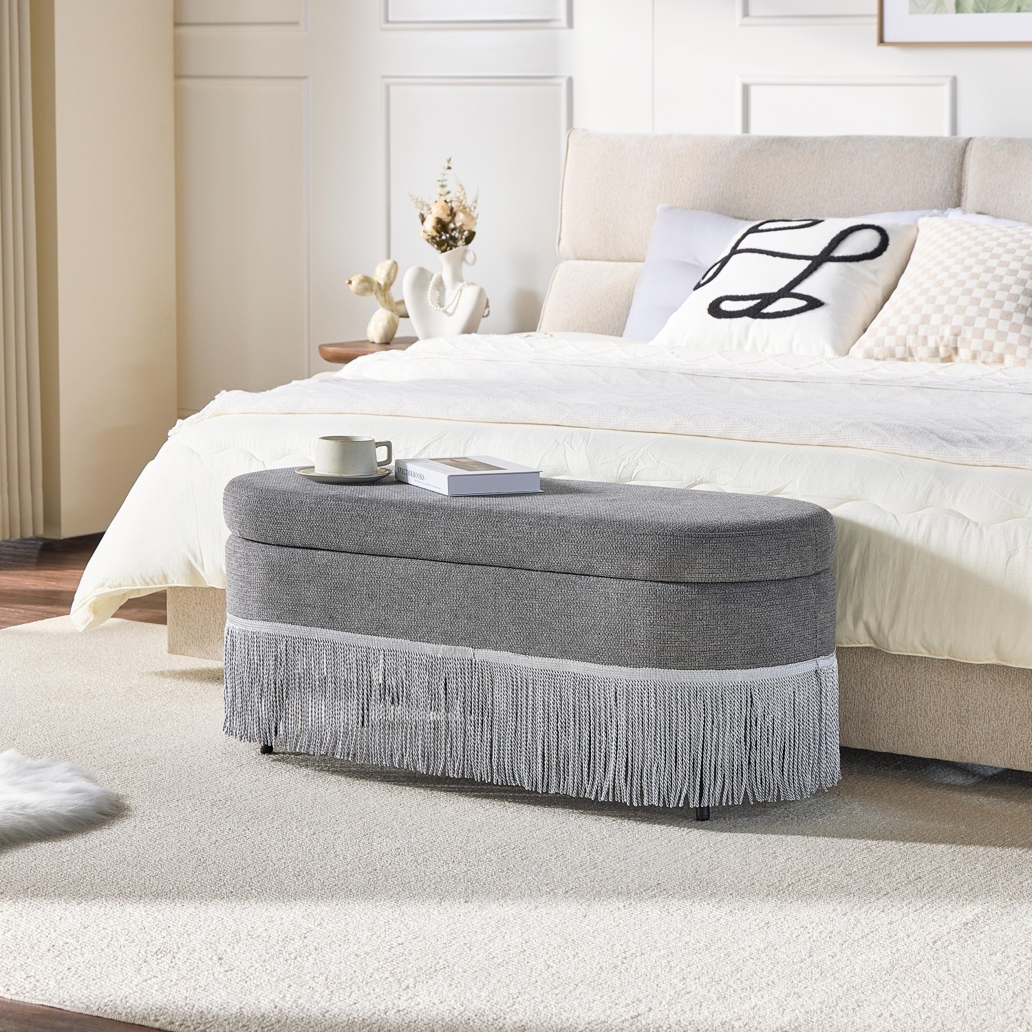 Storage Ottoman Bench 39" Oval Upholstered Footrest w/ Metal Frame & Fringe Trim