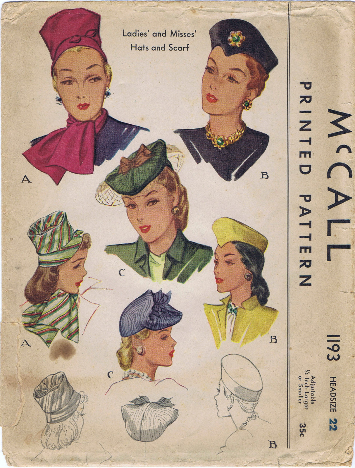 McCall # 1193 3 Hat Cap & Scarf Fabric Sewing Pattern Chemo Cancer Alopecia 23"