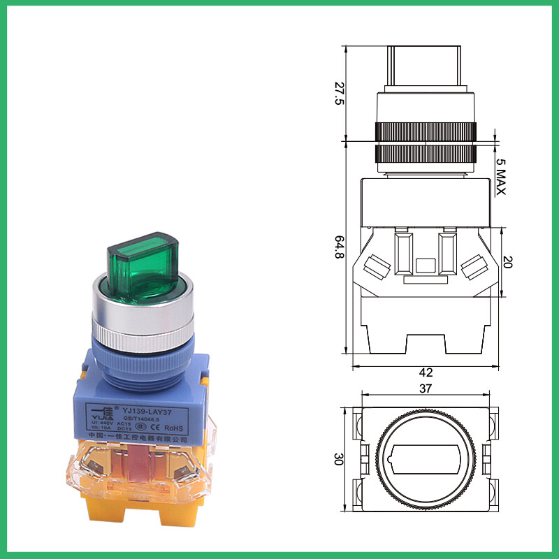 22mm Selector Switch Latching Rotary Switch 2/3 Positions with LED Illumination