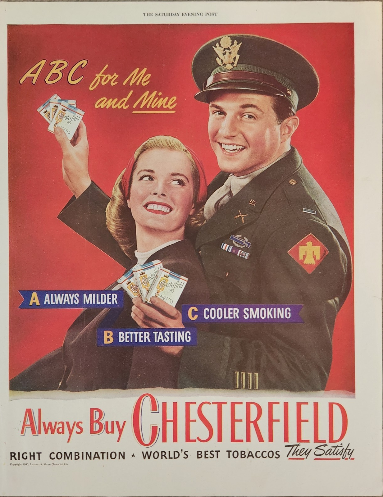 1945 Chesterfield Cigarette Vintage Ad ABC For Me and Mine