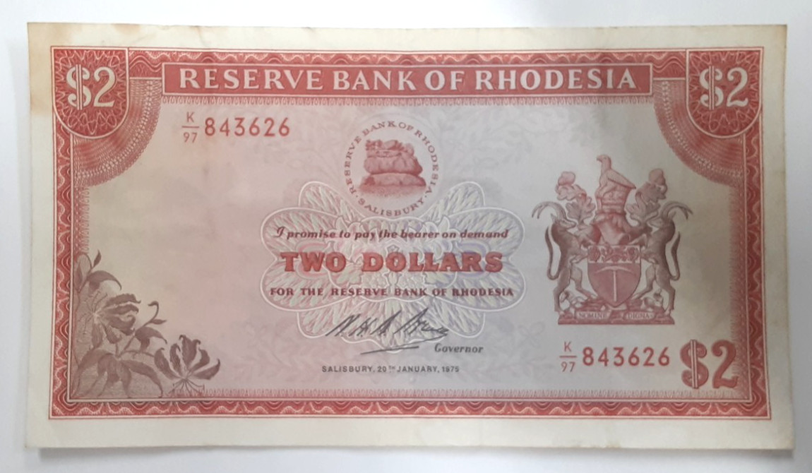 1975 Rhodesia 2 Dollars Banknote-P#31i Crisp VF