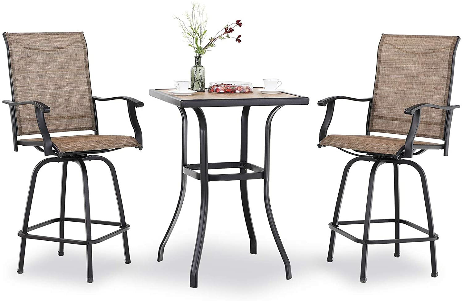 3 Piece Outdoor Patio Bar Table Set Swivel Bar Chair Bar Height Barstools Chairs