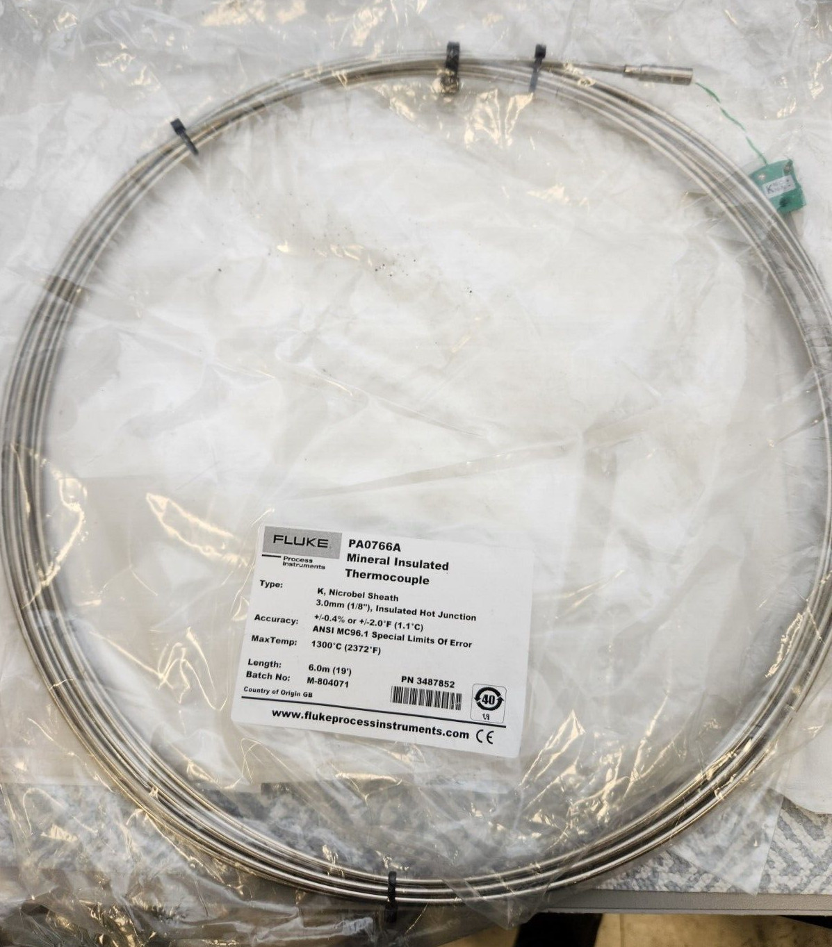 FLUKE PA0766A MINERAL INSULATED THERMOCOUPLE K, NICROBEL, 19FT, 1300 C, PRISTINE