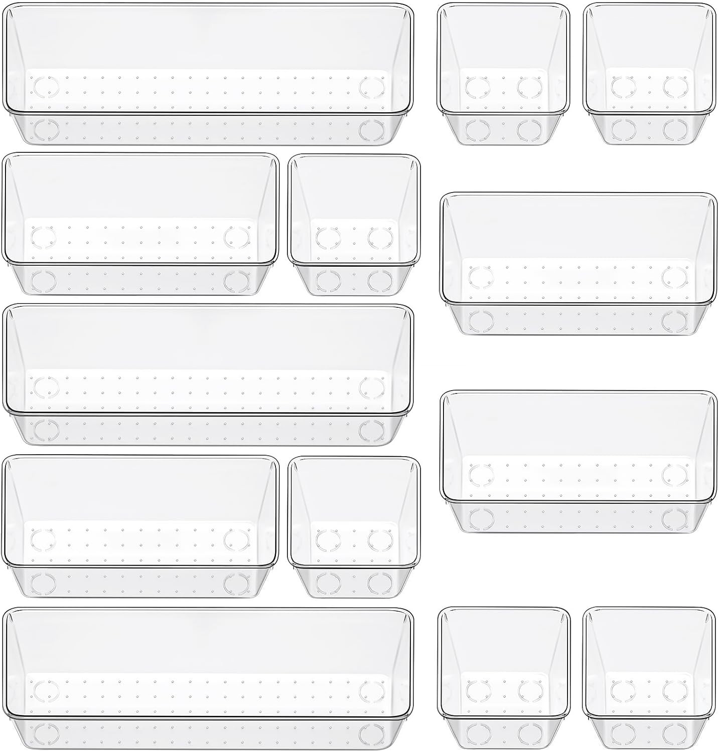 12 Piece Clear Drawer Organizer Set, 3 Sizes Bathroom Vanity Organizer Trays and