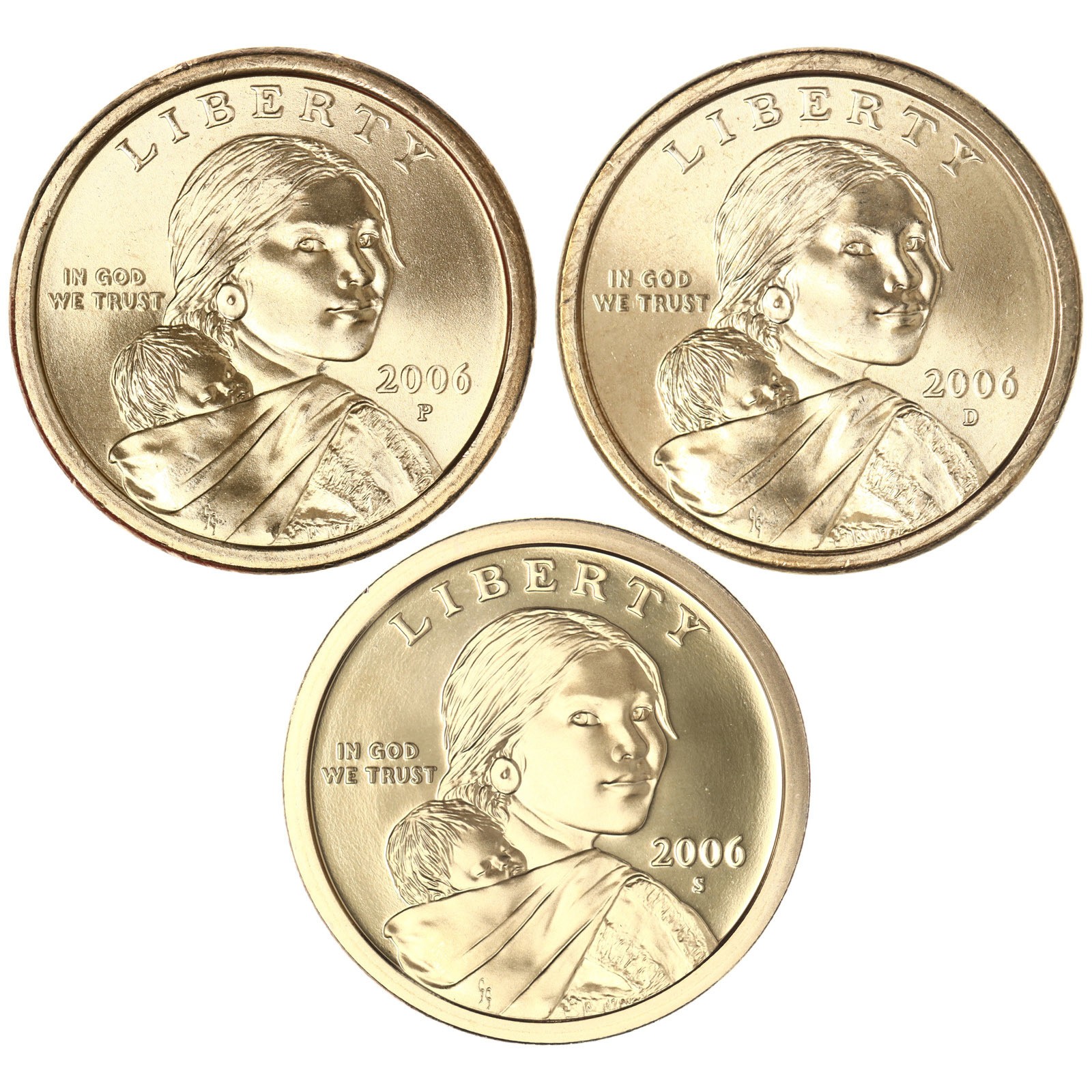 2006 P D S Native American Sacagawea Dollars BU & Gem Proof 3 Coin Set
