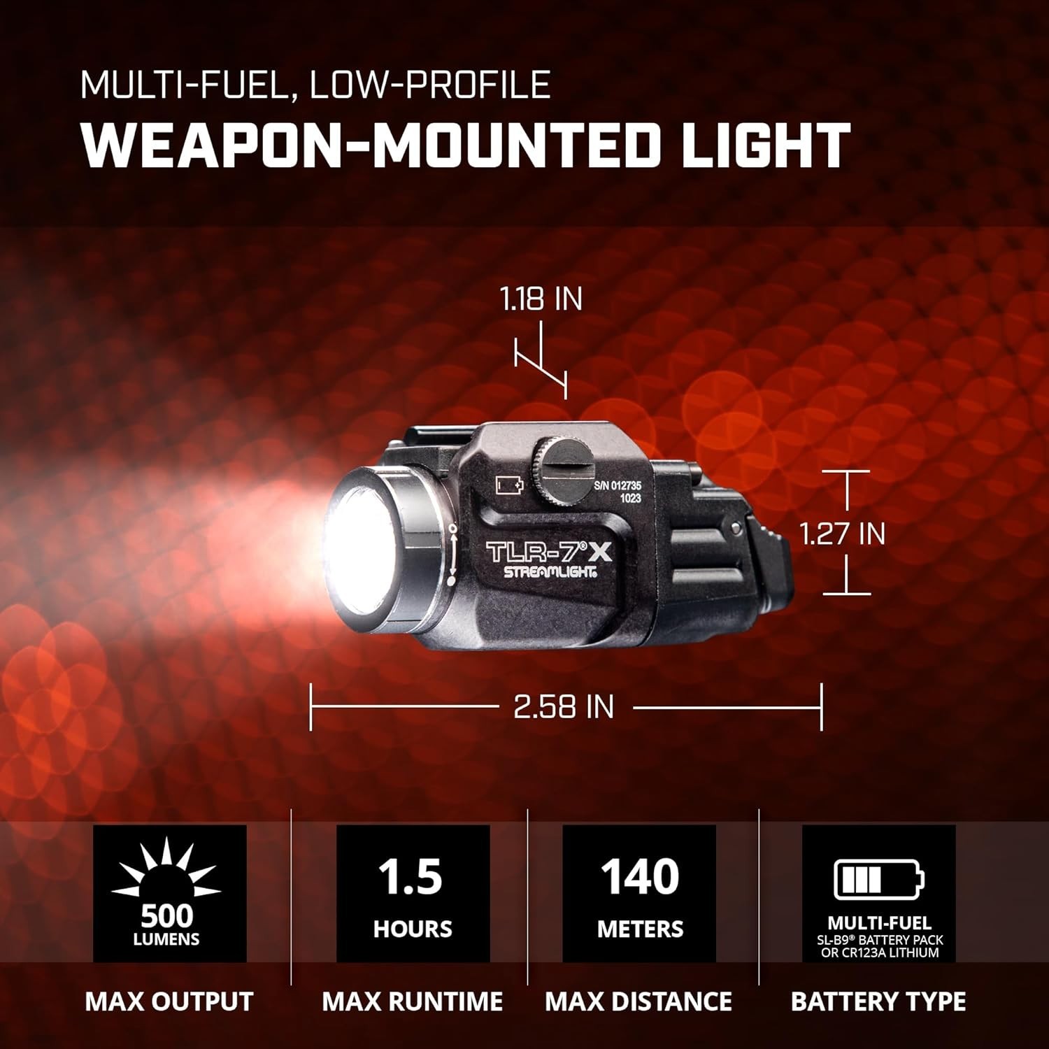 TLR-7 X 500-Lumen Compact Tactical Weapon Light, Includes High, Low Paddle Sw...