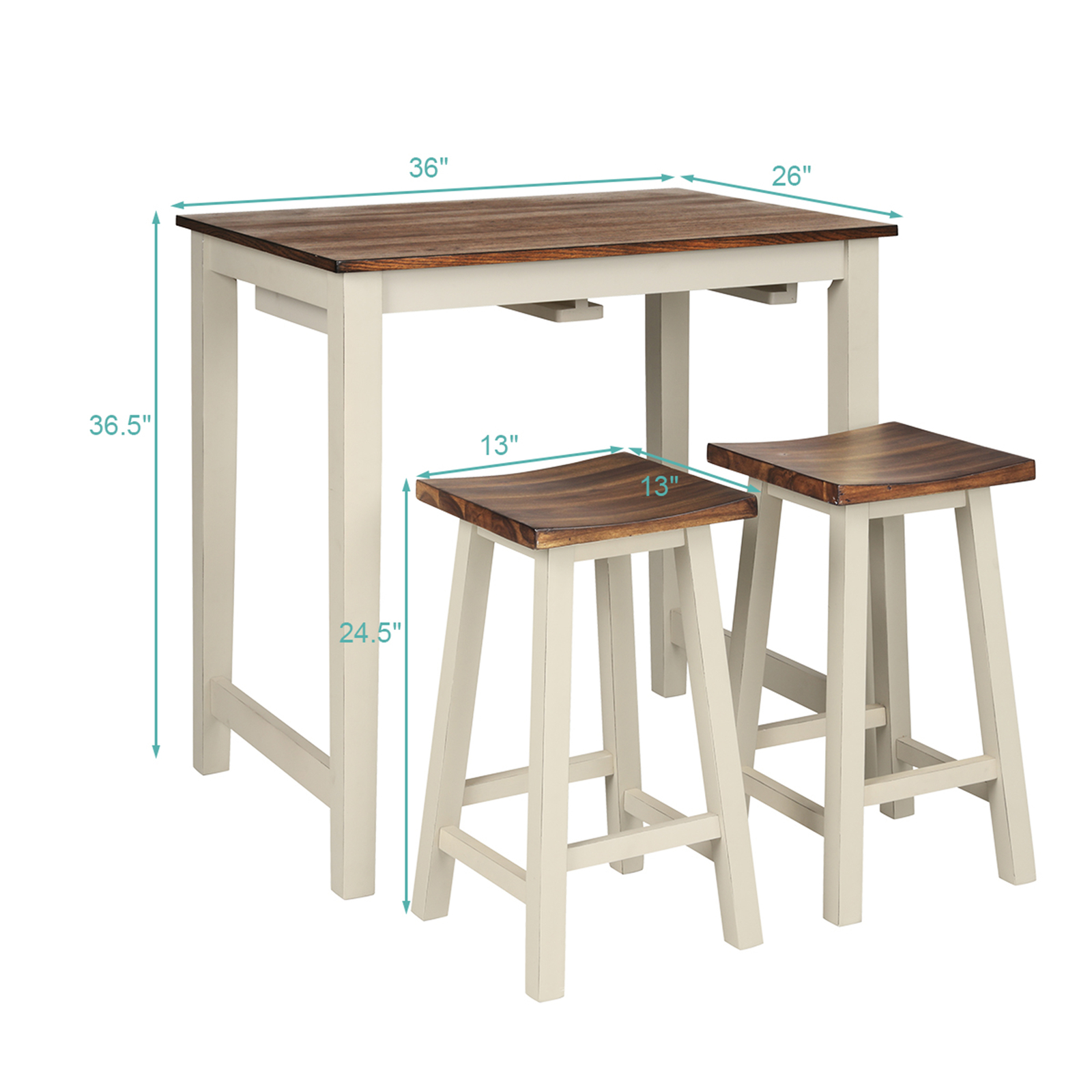 3-Piece Bar Table Set Counter Pub Table& 2 Saddle Bar Stools w/ Hanging Design