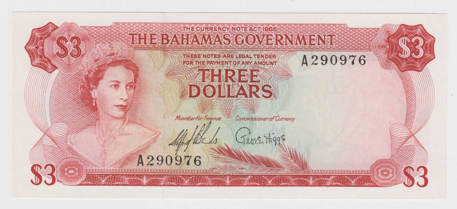 BAHAMAS 3 Dollar 1965 P19 GEM VIVID UNC Queen Elizabeth Currency  Paradise Beach