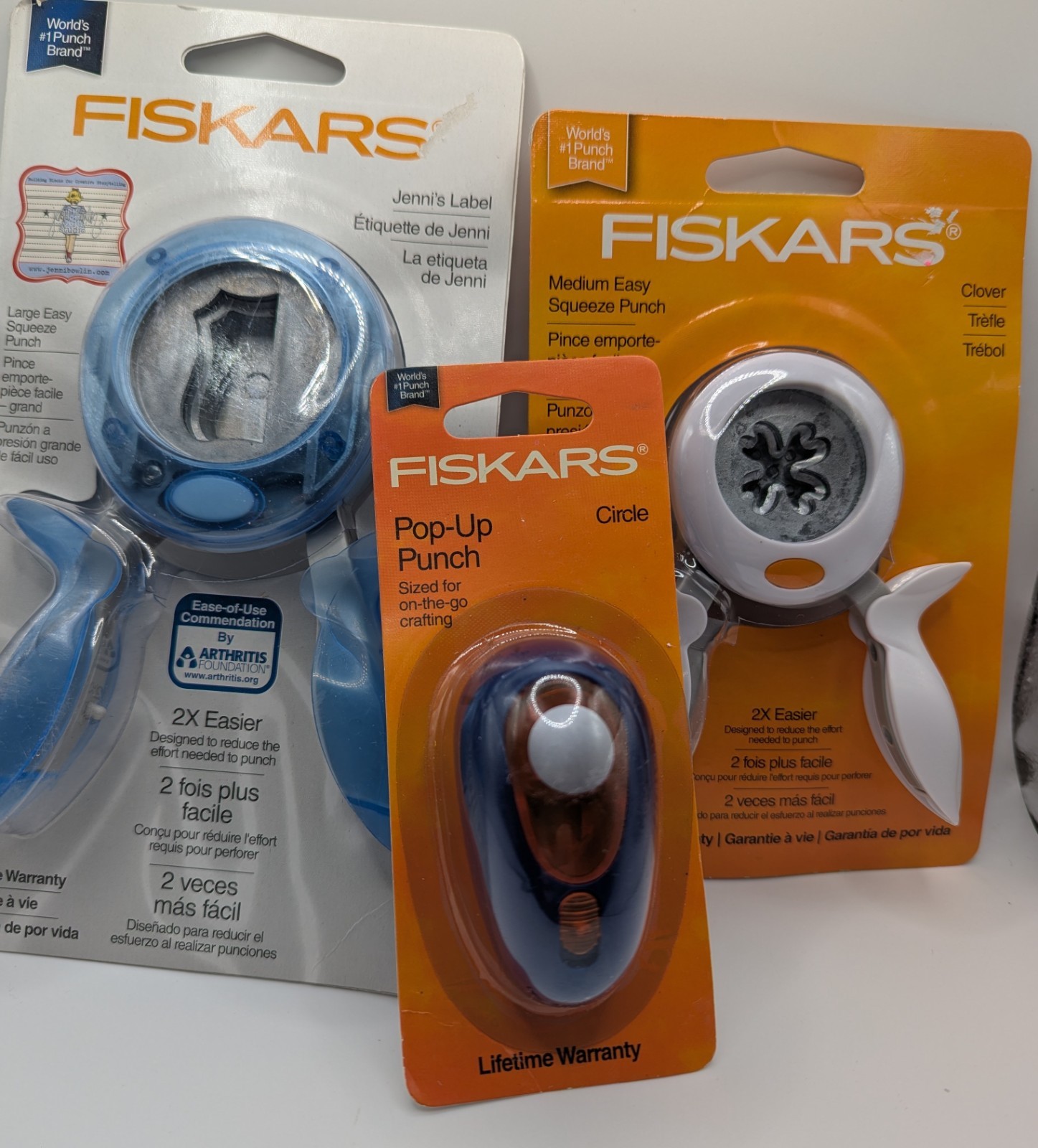 FISKARS Easy Squeeze Punches - Jenni's Label, Clover, Circle Pop Up NIP