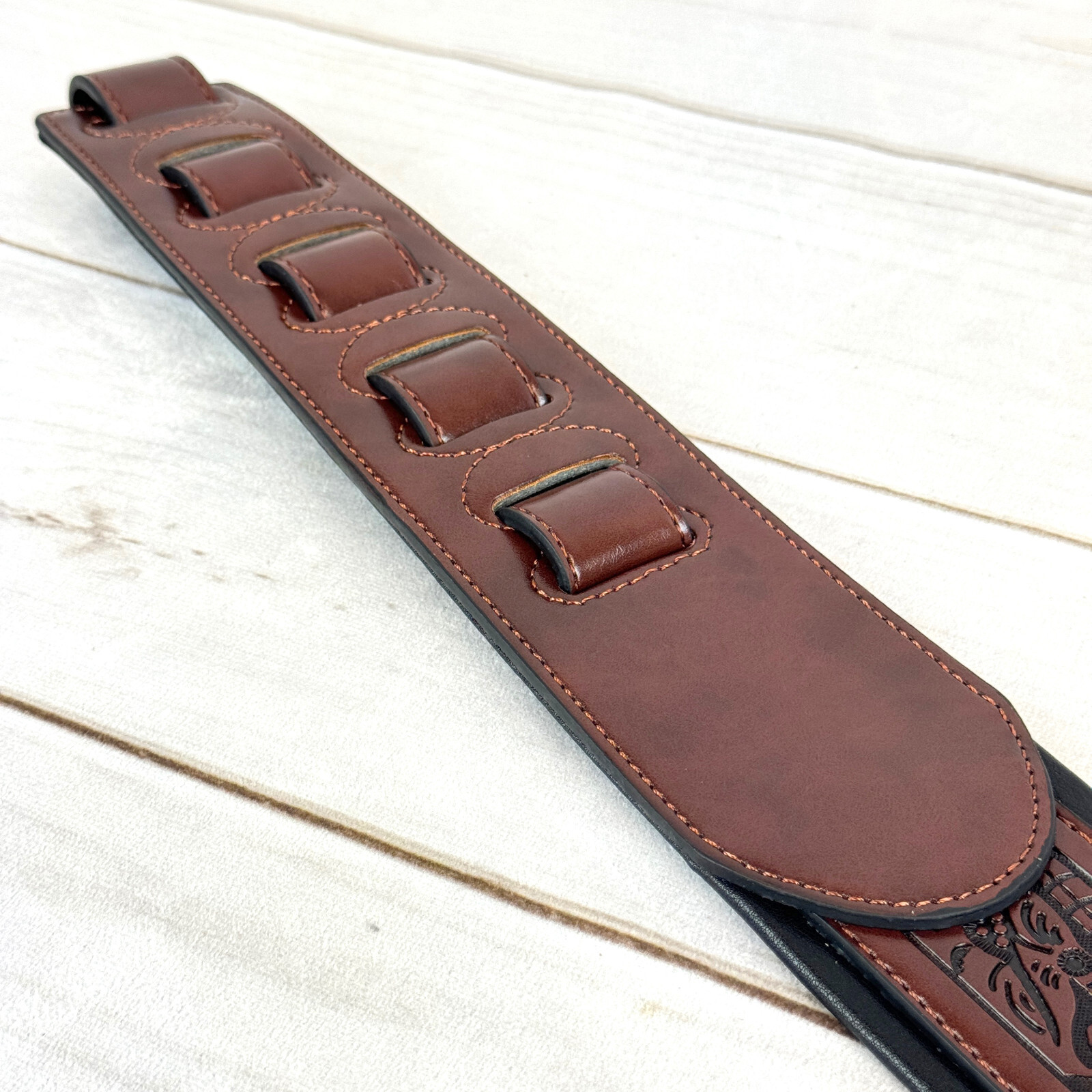 Walker And Williams G-110 Mahogany Brown Padded Strap with Embossed Tooling 