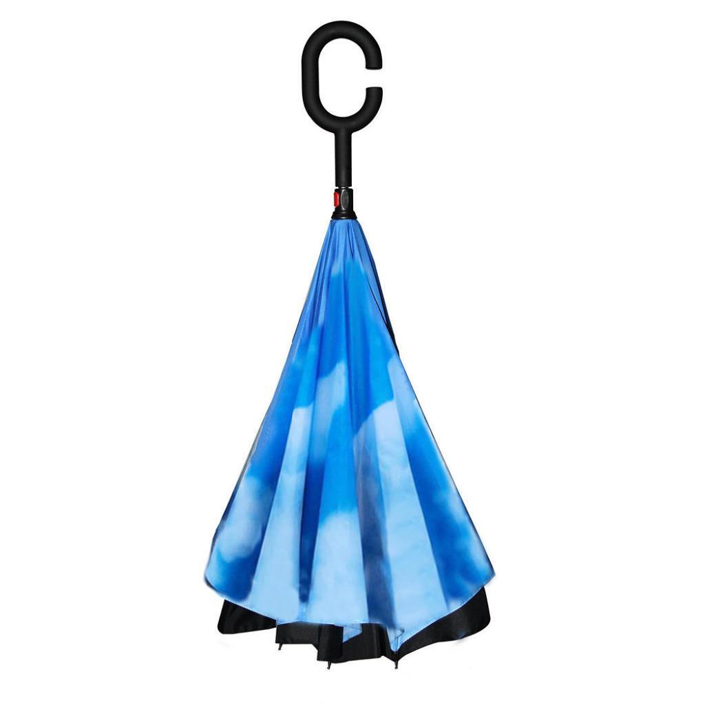 BLUE SKY C HANDLE UMBRELLA Reverse Inside Out Folding Double Layer Nylon Rain UV