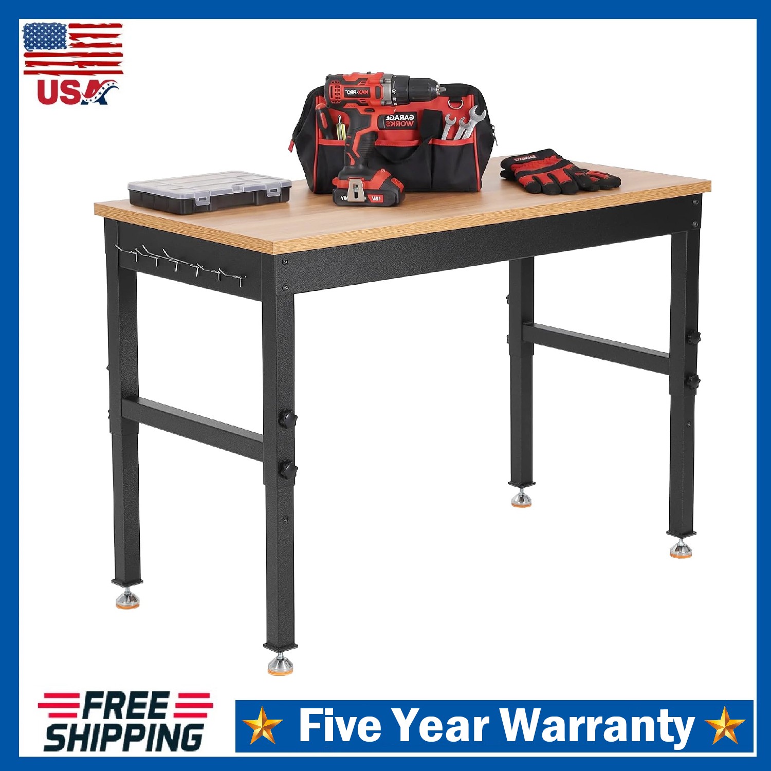 48" Adjustable Workbench 2200LBS Heavy Duty Work Table Garage with Power Outlets