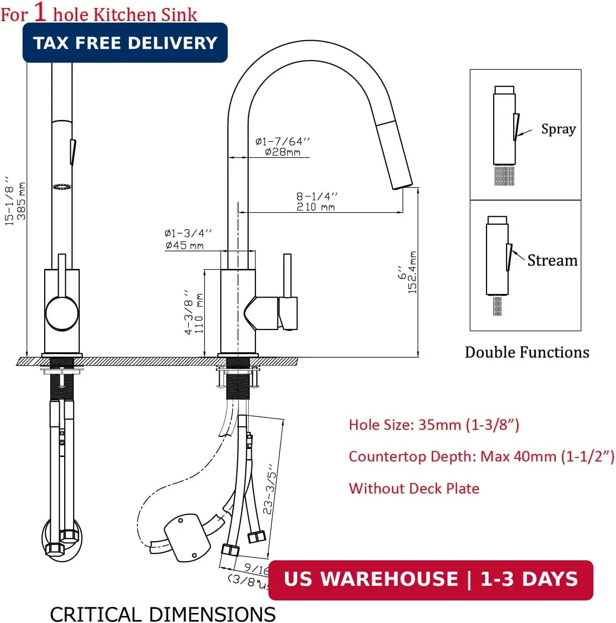 Black Kitchen Faucet with Pull Down Sprayer, High Arc Stainless Steel Mate