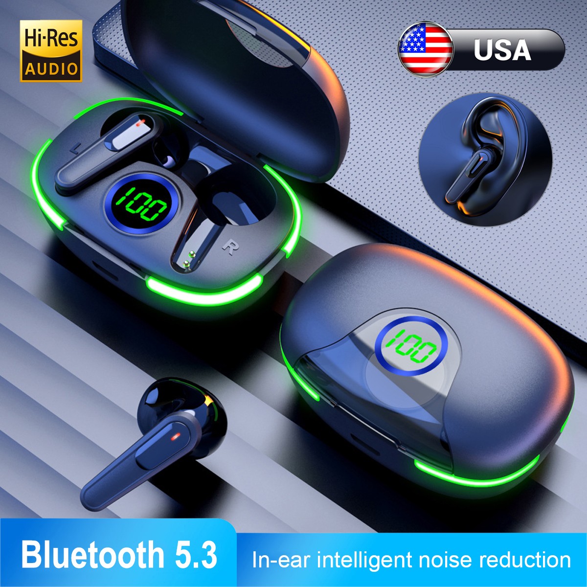 TWS Bluetooth 5.3 Earbuds Headset Wireless Noise Cancelling with Charging Case _