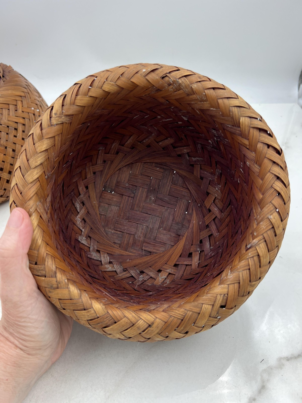 Handwoven Rattan Bamboo Wicker Basket Bowl Set Pair Nesting Boho Decor Round