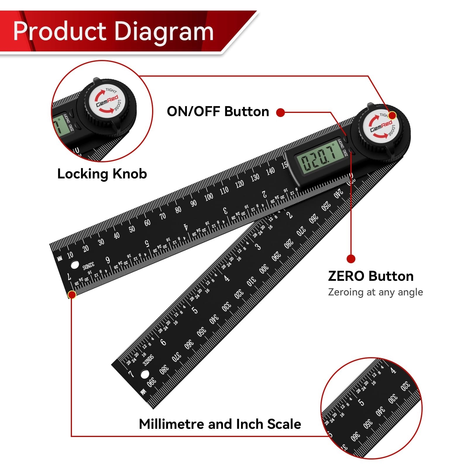 GemRed 82305 Aluminum Digital Angle Finder Protractor