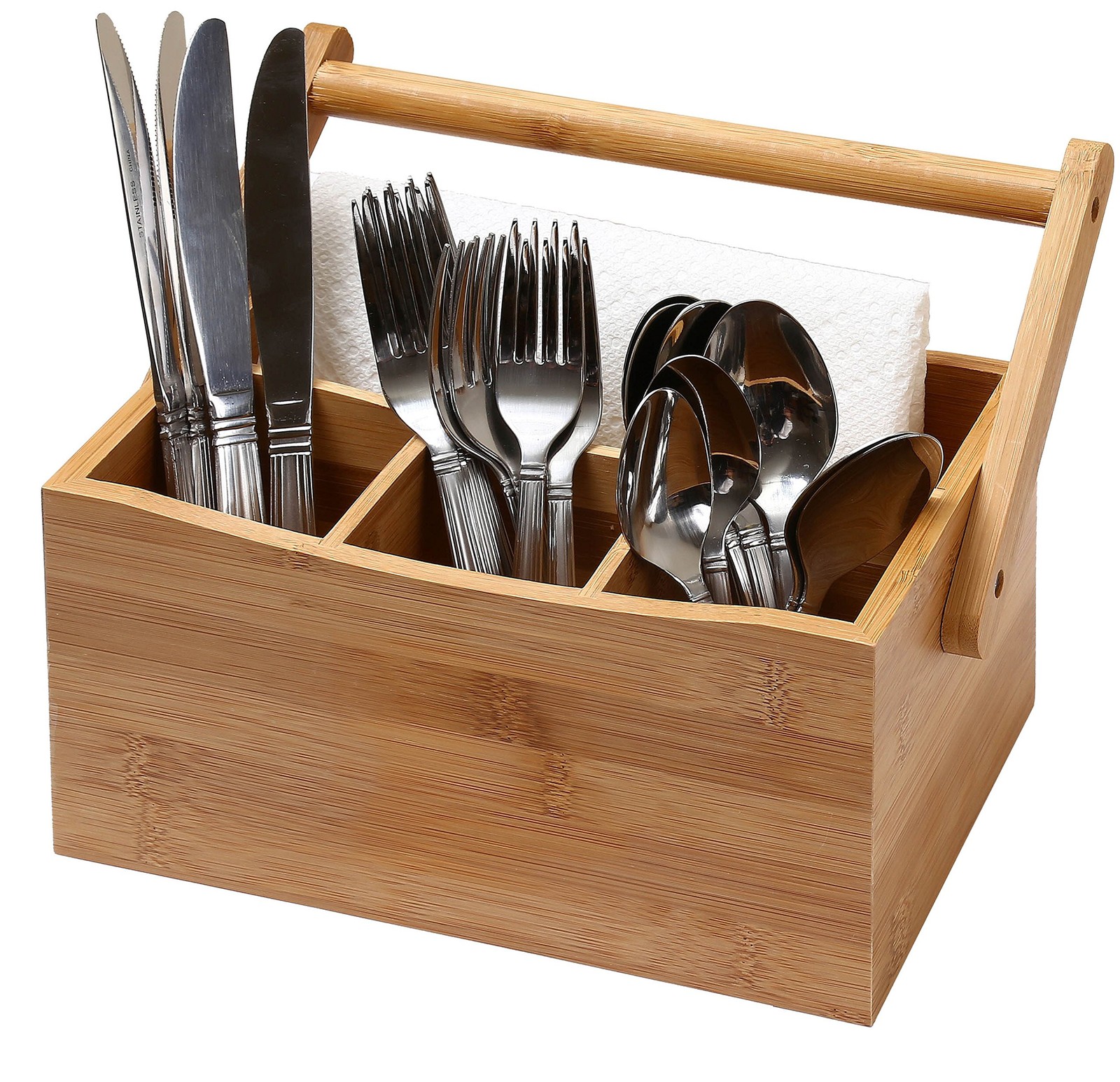YBM HOME Bamboo Flatware Utensil Caddy with Napkin Holder and Medium, Brown