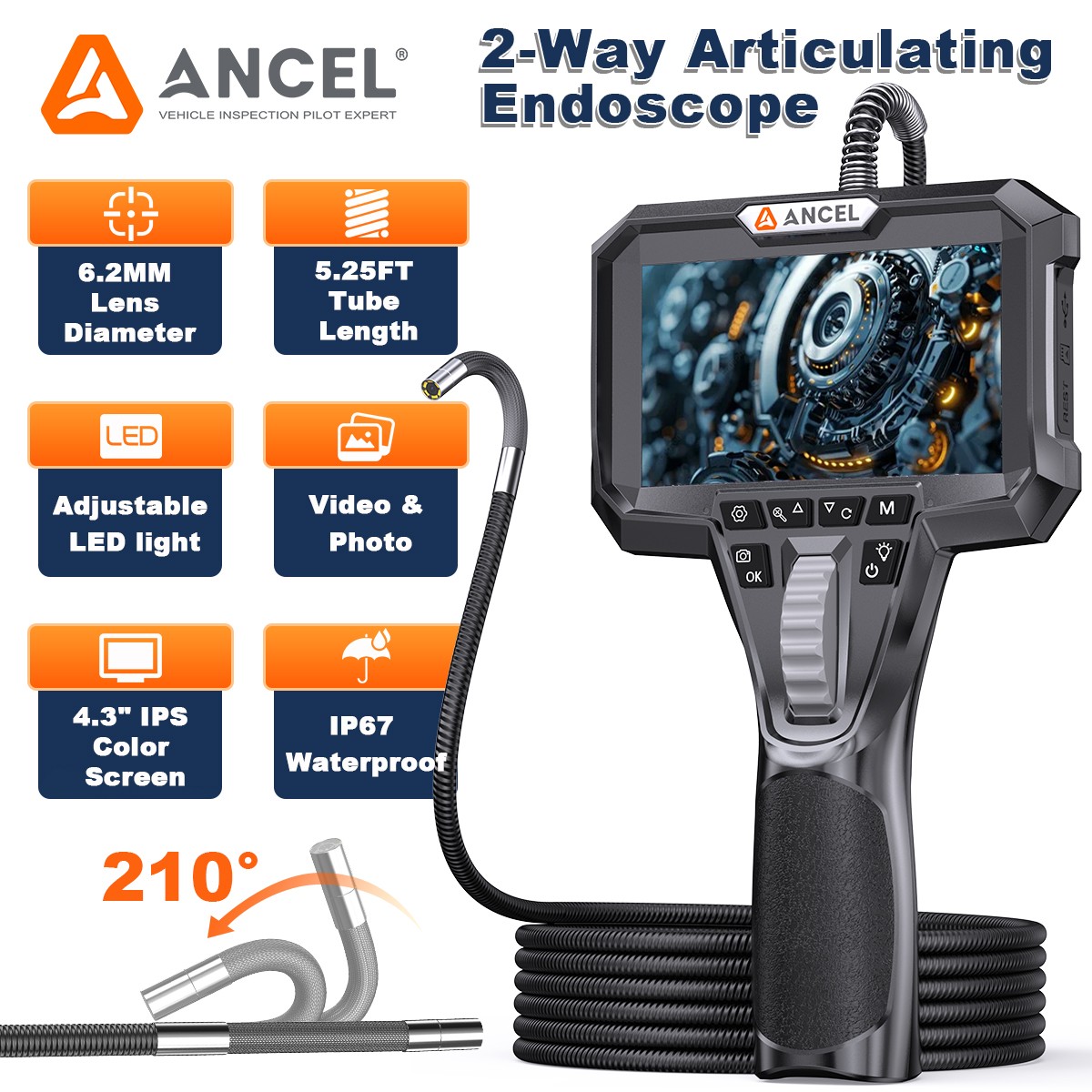 ANCEL AN301 6.2mm 210° Articulating Snake Borescope Endoscope Camera 6 LED Light