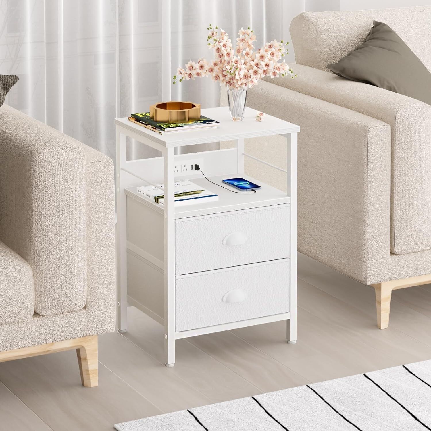 End Table Nightstand with Charging Station Fabric Drawers Side Table Living Room