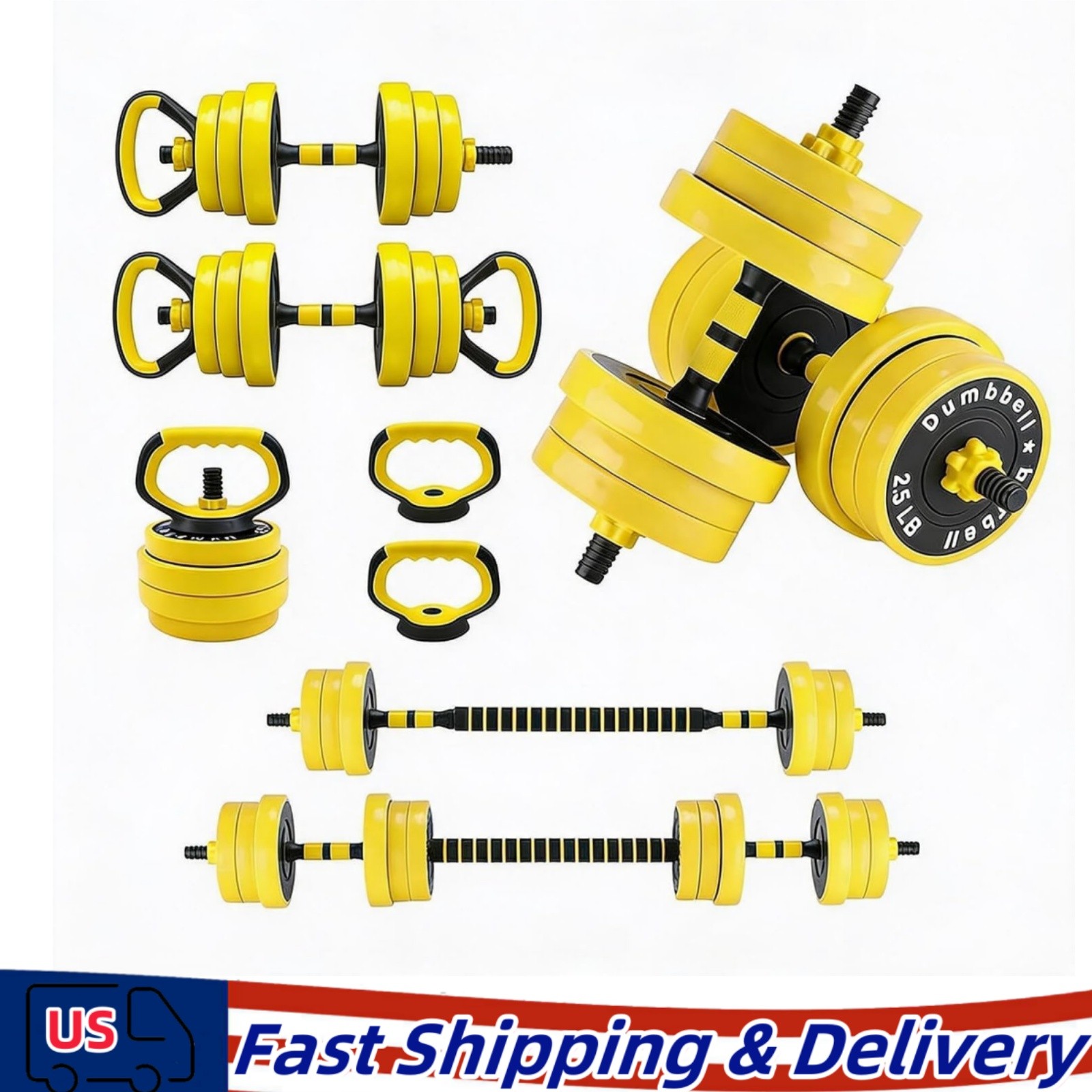 4 in 1 44LBS Adjustable Weight Dumbbell Set Barbell Kettlebell Home Gym Fitness
