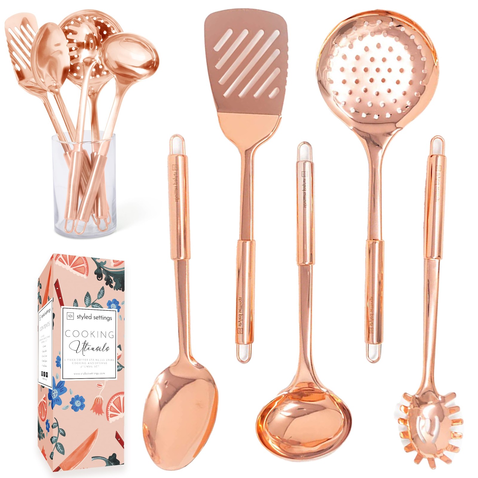Copper Cooking Utensils Set – 5-Piece Rose Gold Stainless Steel Kitchen Tools...