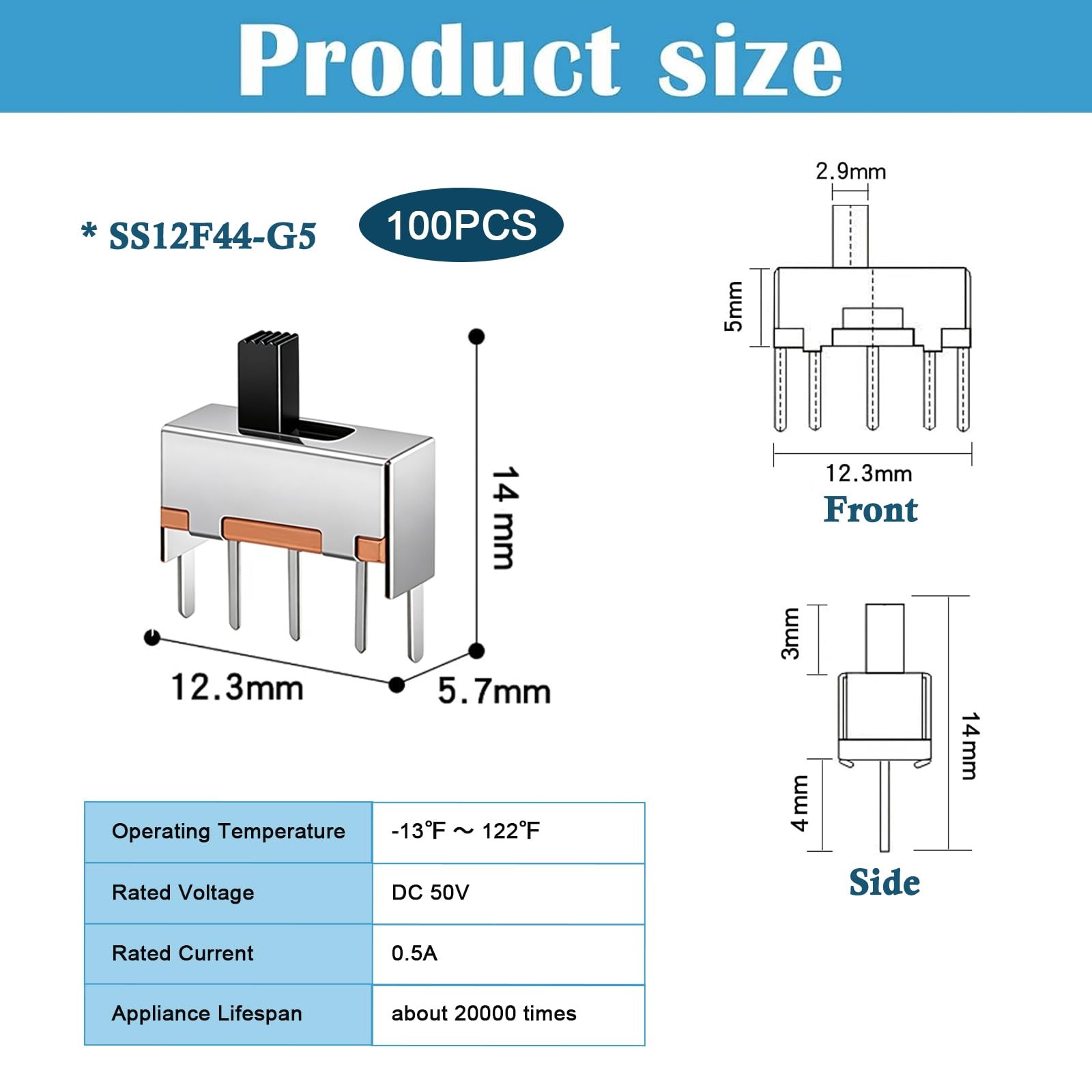 Tnuocke 5mm Knob Vertical Slide Switch SS12F44 100 Pcs