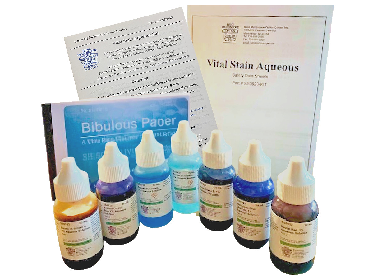 Benz microscope Vital Stains Aqueous Kit , 7 Common Lab Stains & Bibulous Paper.