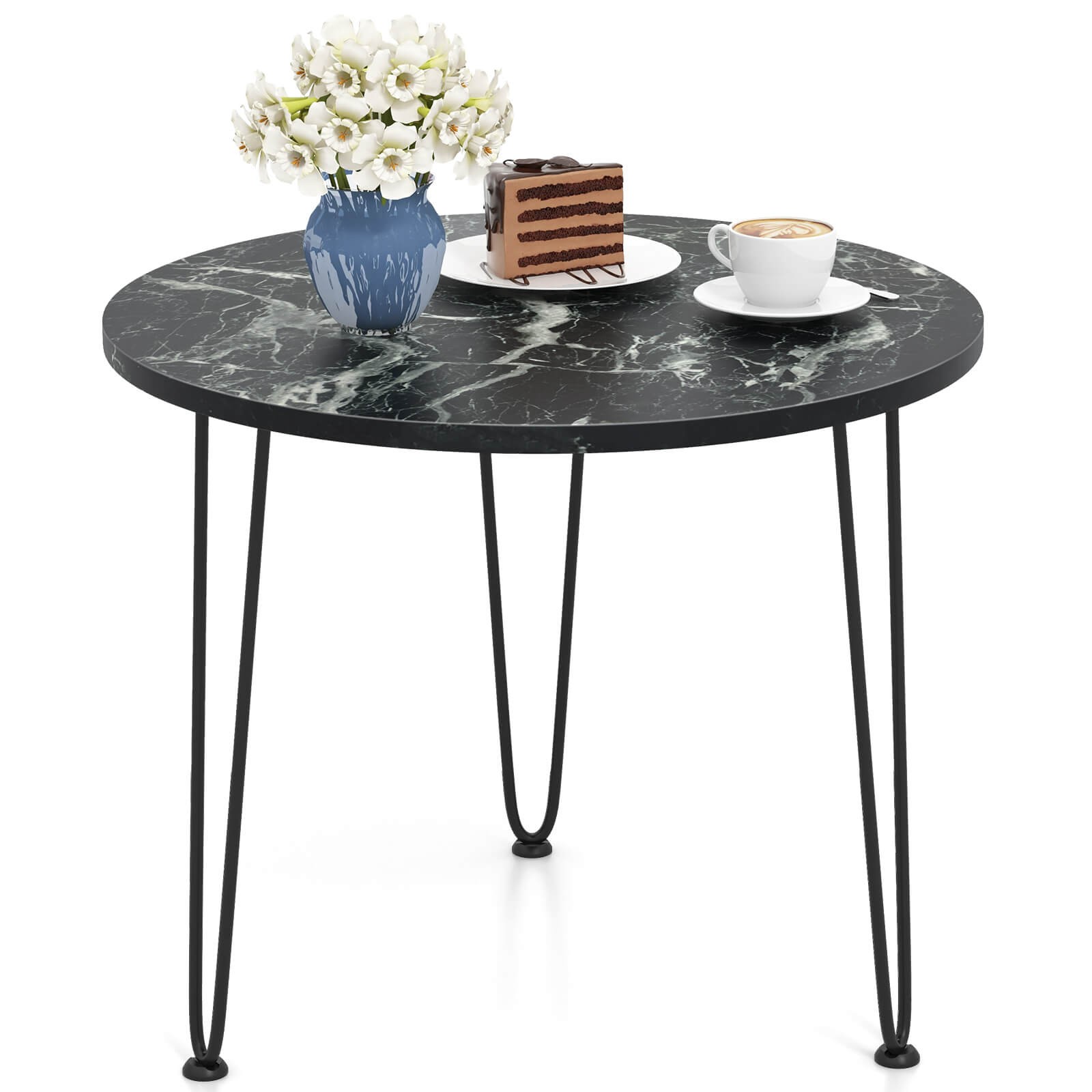 Small Round Coffee Table w/ Thickened Tabletop & Metal Tripod Legs Faux Marble