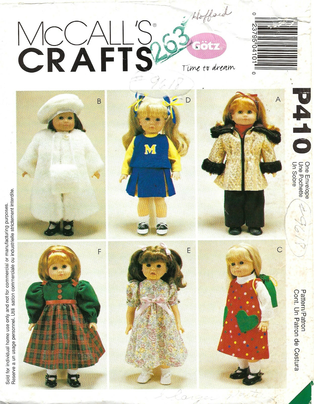 McCall's P410 Parka, Muff, Jumper, Backpack, Cheerleader Costume 18" Doll CUT